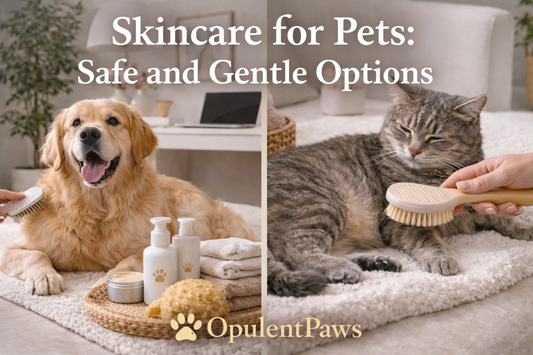 Golden Retriever and gray tabby cat enjoying gentle skincare routines with pet-safe grooming products in a calm, neutral setting, representing safe and gentle pet skincare — OpulentPaws