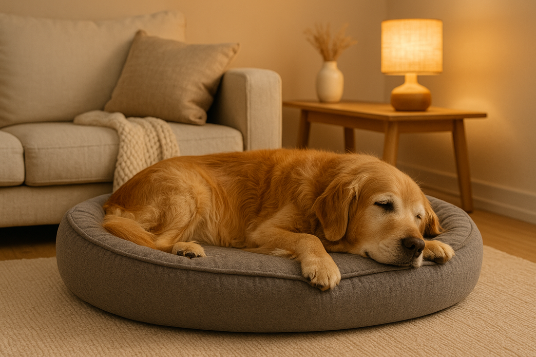 Senior golden retriever sleeping on a round orthopedic pet bed in a warm, cozy living room with soft lighting — OpulentPaws