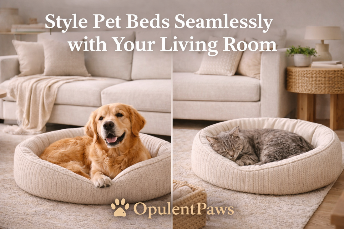Golden Retriever and gray tabby cat resting in matching neutral pet beds seamlessly styled into a modern living room with soft textures and warm décor — OpulentPaws