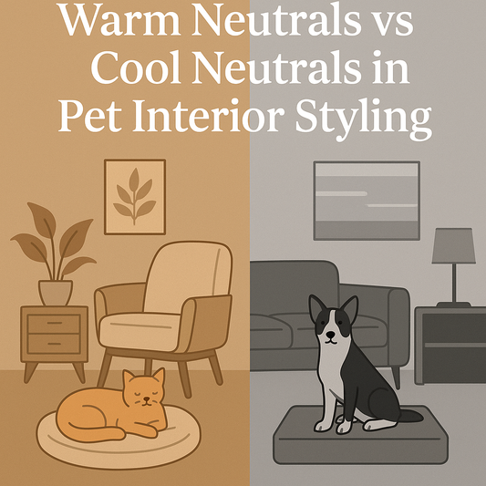 Thumbnail graphic comparing warm and cool neutral palettes in pet interior styling, featuring a warm-toned cat space and a cool-toned dog space with the title displayed — OpulentPaws