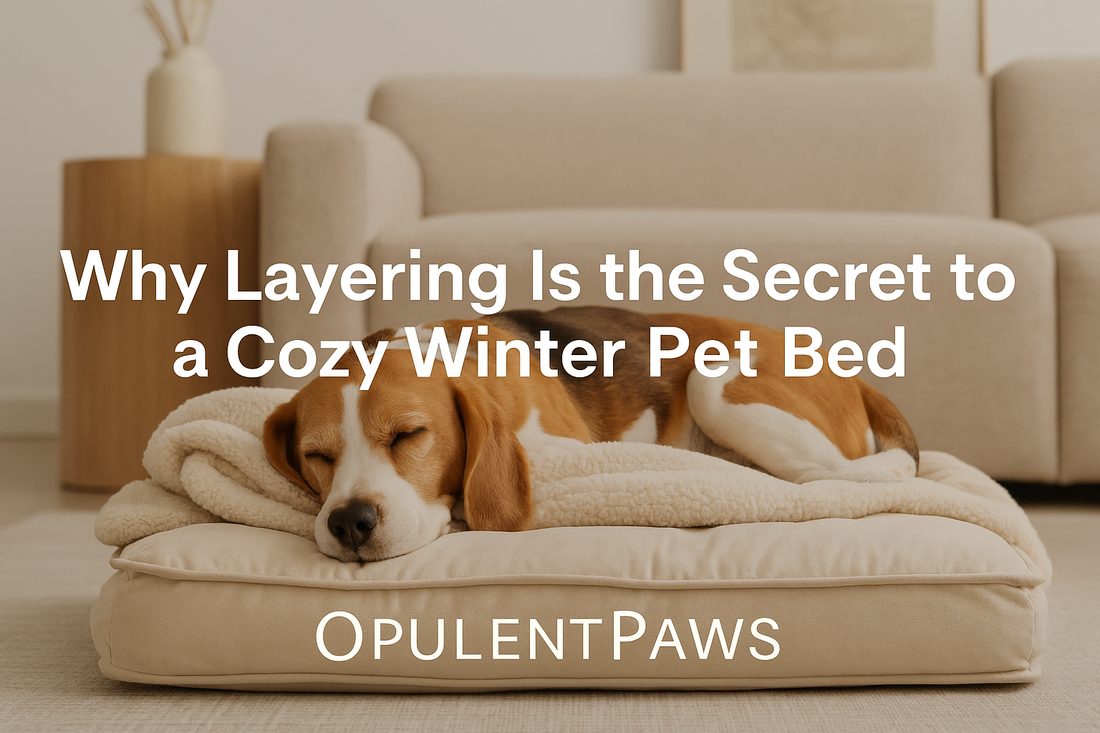 Beagle sleeping on a layered winter pet bed with soft blankets in a warm minimalist living room, featured as a thumbnail for a winter pet bedding guide — OpulentPaws