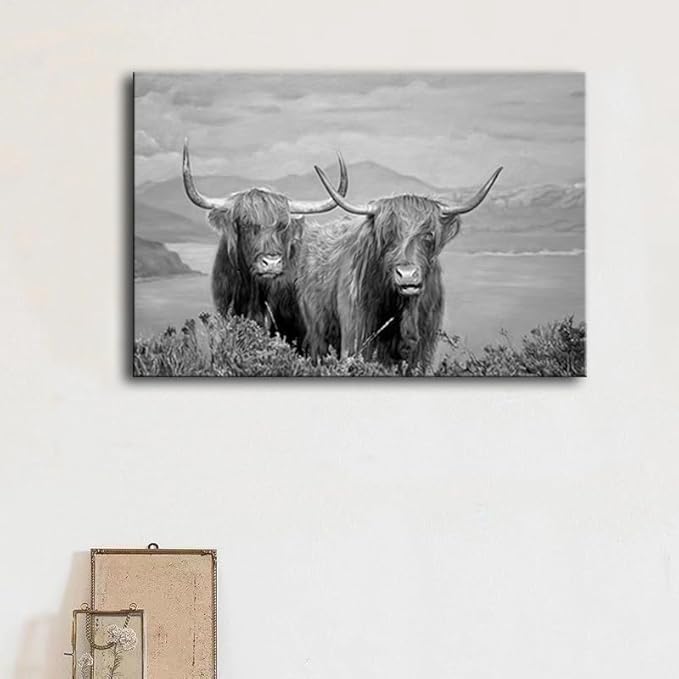 Wall Art for Living Room Highland Cow Wildlife Portrait Canvas Picture Black and White Animal Print Painting Scottish Farmhouse Artwork for Bathroom Bedroom Office Decor 24"x36"