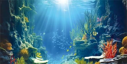 24X12IN Blue Sea Floor Aquarium Background, Natural Underwater World 3D Effect Fish Tank Decorations Background, Art Terrarium Background with 8 EVA Double-Sided Tape
