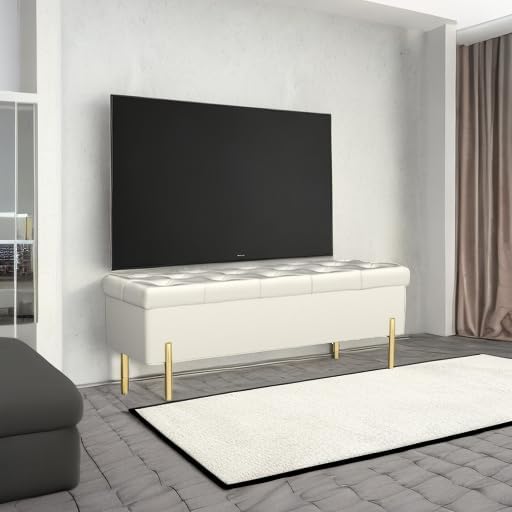 Velvet Storage Bench Ottoman,Versatile Seating with Hidden Storage,End of Bed Bench,Tufted Bench for Bedroom,Living Room,Entryway,Ivory