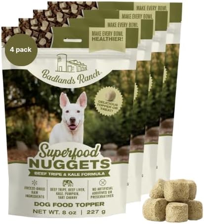 BADLANDS RANCH Superfood Nuggets- Premium, Freeze-Dried raw Dog Food Topper or Treat. Powerful Nutrient-Dense Ingredients. No Artificial additives. Beef Tripe and Kale Formula 8oz - 4pk Bundle
