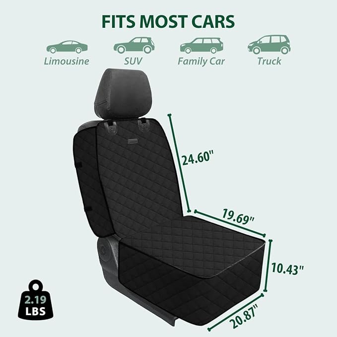 Dog Car Front Seat Cover with Side Flaps & Buckle Straps for Pet, 100% Waterproof 600D Oxford Single Seat Protector Heavy Duty Quilted Scratch Proof, Universal Size for SUV Truck, Black