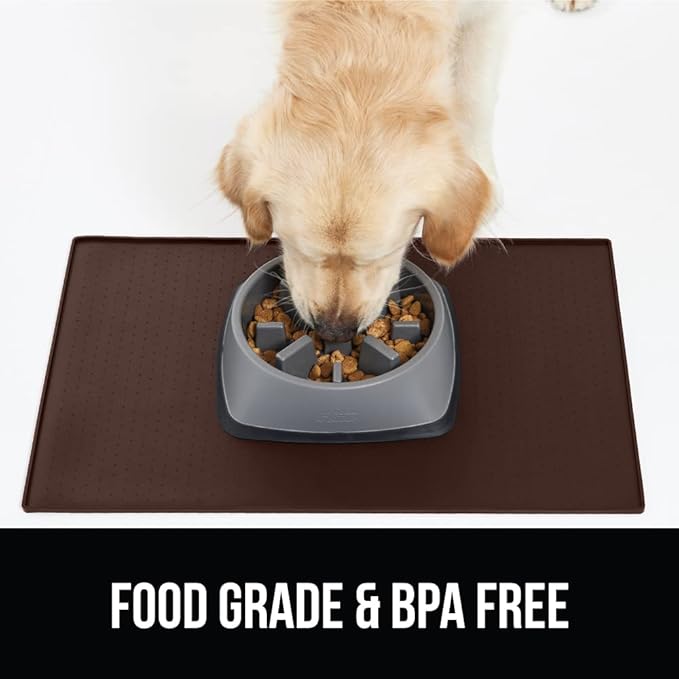 GORILLA GRIP 100% Waterproof Raised Edge BPA Free Silicone Pet Feeding Mat, Dog Cat Food Mats Contain Spills Protects Floors, Placemats for Cats and Dogs Water Bowl, Pets Accessories 16x10, Brown