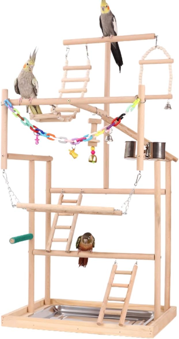 Pet Parrot Playstand Parrots Bird Playground Bird Play Stand Wood Perch Gym Playpen Ladder with Feeder Cups Bells Swing for Cockatiel Parakeet Random Color