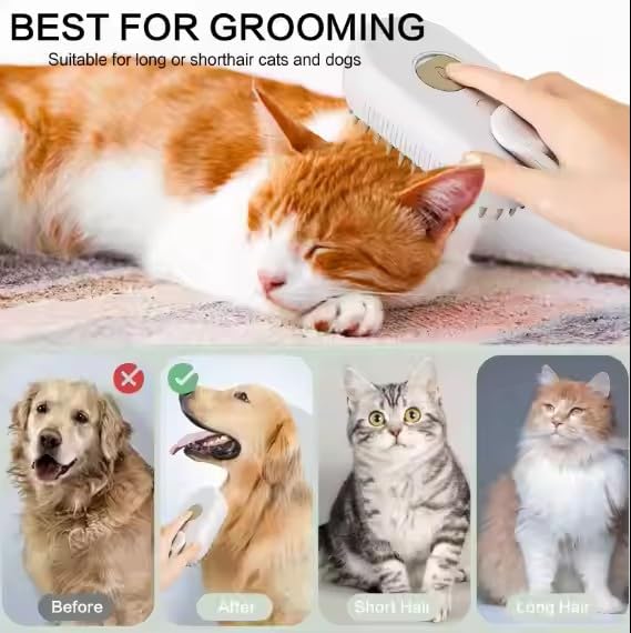 3-in-1 Steam Pet Brush for Cats & Dogs – Self-Cleaning Grooming Comb with Spray Mist, Massage & Shedding, Rechargeable USB, Anti-Static, Foldable Handle (TAN)