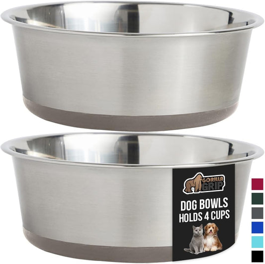 GORILLA GRIP Set of 2 Dog Bowls, Holds 4 Cups (32 fl oz), Heavy Duty Metal Food and Water Bowl for Feeding Dogs and Cats, Dishwasher Safe, Rust Resistant Stainless Steel, BPA Free Rubber Base, Beige