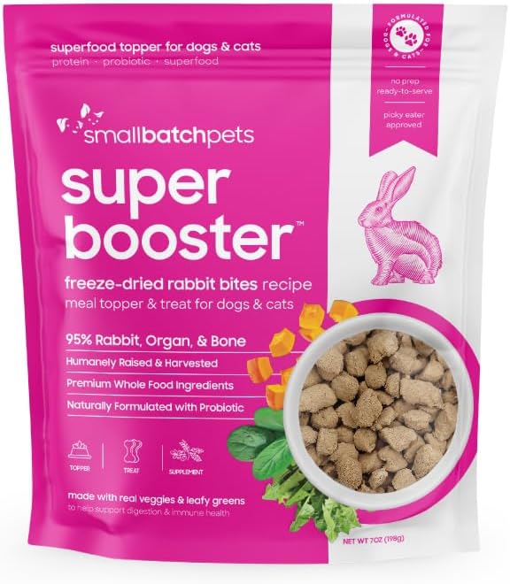 Smallbatch Freeze Dried Dog Treats, Superfood Food Topper Rabbit Bites for Dogs & Cats, Probiotics, Organic Ingredients, High Protein, Grain Free Healthy Treat & Food Topper, Made in the USA, 7 oz Bag
