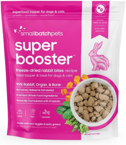 Smallbatch Freeze Dried Dog Treats, Superfood Food Topper Rabbit Bites for Dogs & Cats, Probiotics, Organic Ingredients, High Protein, Grain Free Healthy Treat & Food Topper, Made in the USA, 7 oz Bag