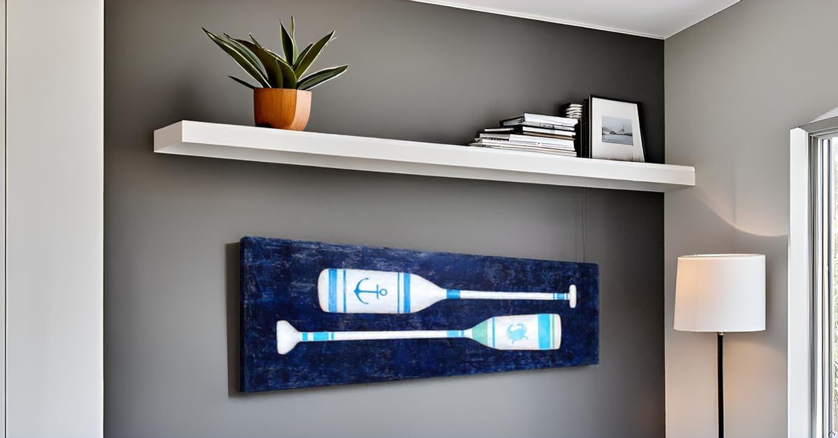 Yihui Arts Coastal Canvas Wall Art - Navy Blue and White Oar Painting for Bedroom Bathroom Decor