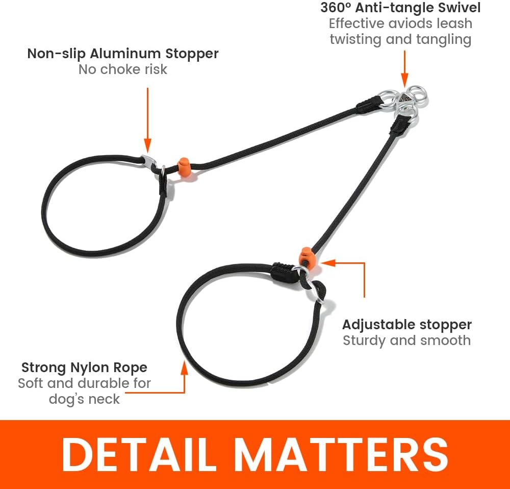 Howgo Double Slip Leash Slip Lead with Two Handles| Dual Dog Slip Lead for 2 Dogs,360° Swivel No Tangle | Dog Training Collar | Double Clip Leash Coupler and Splitter (Orange, 3FT)