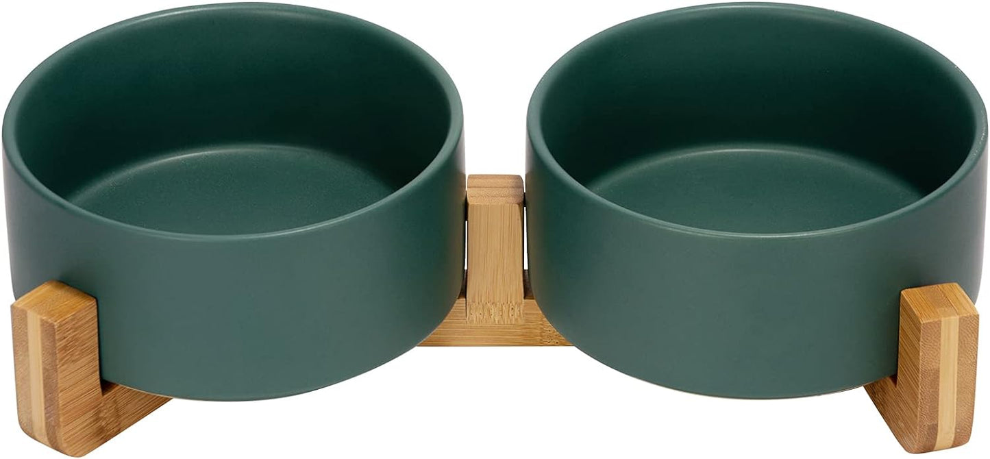 SPUNKYJUNKY Ceramic Dog and Cat Bowl with Wood Stand Non-Slip Matte Glaze Weighted Food Water Set for Cat Medium Dog 28.7 OZ