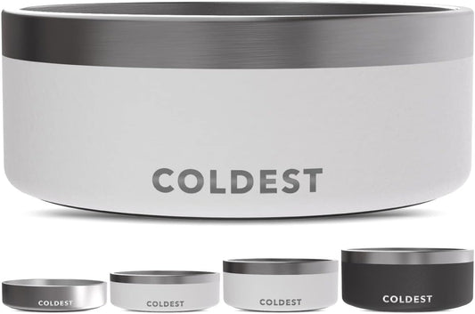 Coldest Dog Bowl - Anti Rust Metal, Non Slip, 3 Layers Insulated Stainless Steel Dog Bowls - Spill Proof & Heavy Duty - Water Bowl for Dogs, Cats & Pets, Dish Washer Safe (64 oz, Epic White)