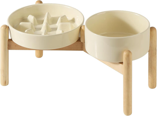 Ceramic Raised Slow Feeder Dog Bowl Set, Elevated 6.1inch Bowl and 7.3inch Slow Pet Food Dish with Wooden Stand for Small and Medium Dog (2 x Beige+ Stand)