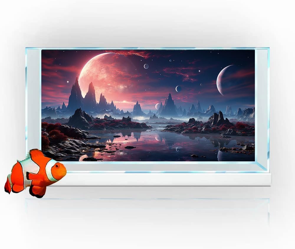 48X20IN Cosmic Spaceterrarium Background, Cool Parallel Space Themed Aquarium Reptile Habitat Background, Red Moon Aquarium Background with 10EVA Double-Sided Tape