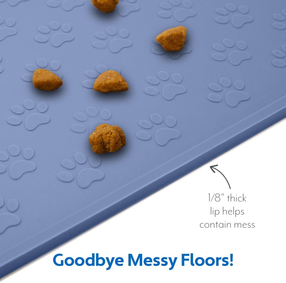 MIGHTY MONKEY 100% Waterproof Dog Food Mat, Raised Edges Silicone Pet Feeding Placemat for Cat, Dogs, Pet Bowls, High Lipped Tray Prevents Water Spills, Food on Floor, Dishwasher Safe, 18x12, Lt Blue