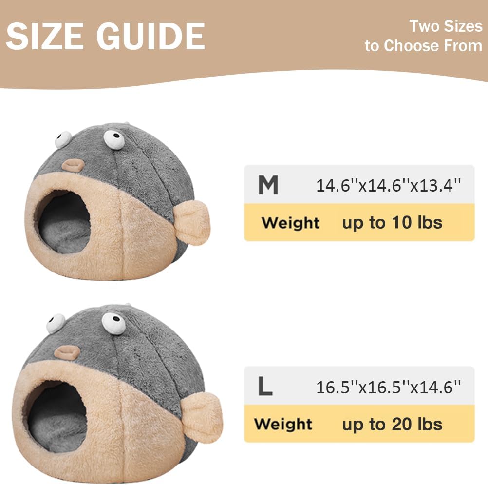 Cat Beds for Indoor Cats - Cat Bed Cave with Removable Washable Cushioned Pillow,2 in 1 Super Soft Animal-Shape Cat Tent for Kitten and Small cat, Lively Pufferfish cat beds & Furniture, Grey(M)