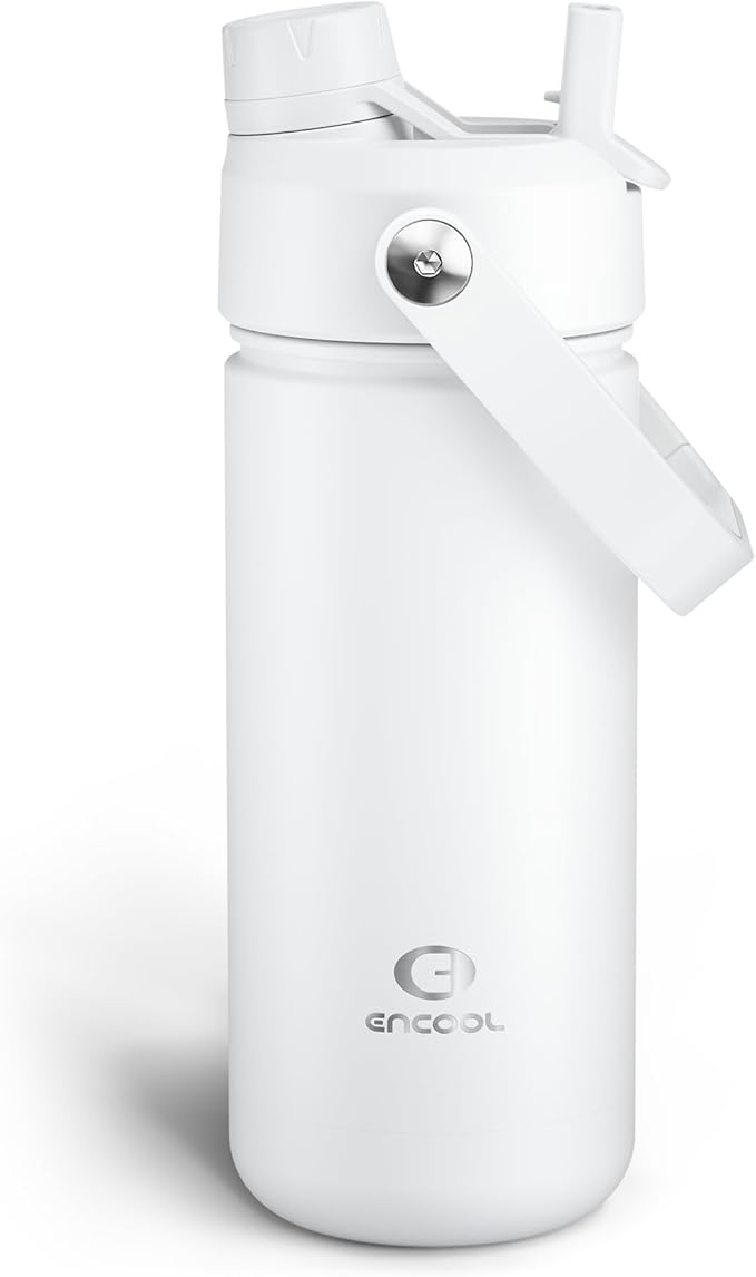 Insulated Water Bottle with Straw Stainless Steel Water Bottle, Leak-Proof, BPA-Free, Double Wall Vacuum Keeps Cold for 24 Hours for Sports, Travel, School (18 oz, Polar White)