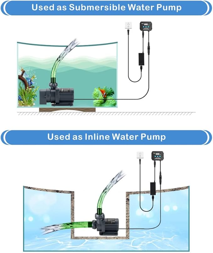 hygger 24V DC Water Pump Quiet Inline/Submersible Saltwater Aquarium Pump with LCD Display Controller 800 GPH Return Pump for Coral Reef Tank Sump