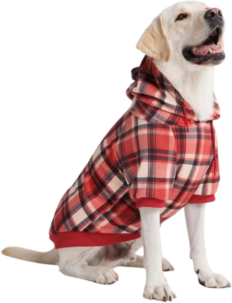 Spark Paws Dog Hoodie – Premium Dog Sweater for Small, Medium, and Large Dogs | Warm Outfits for French Bulldogs, Pitbull, Puppy, Winter Jacket Alternative - Red Plaid, 4XL