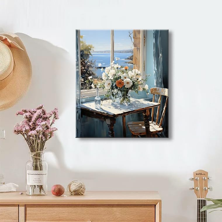 weiyiart Bathroom Decor Wall Art Coastal Floral Canvas Print Painting Daisy Flowers Sea Picture Farmhouse Ocean Seascape Artwork for Home Living Room Bedroom Office 16x24 inch