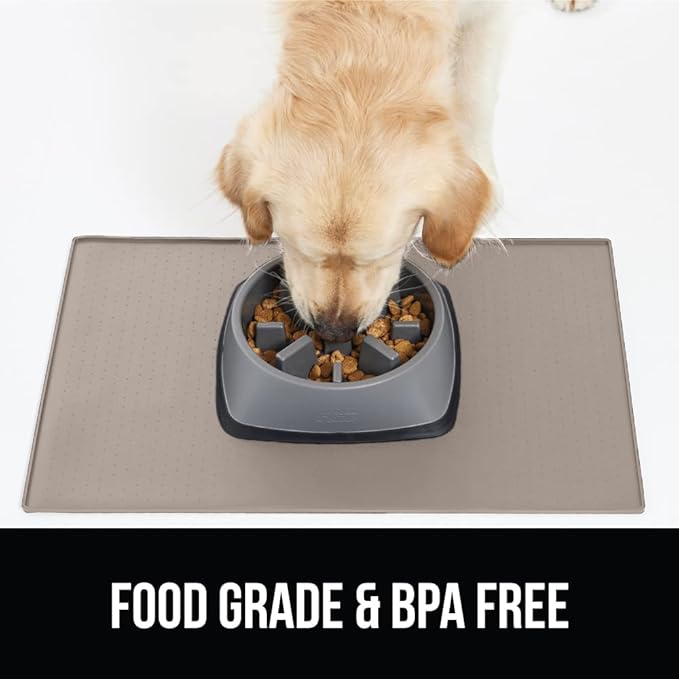 GORILLA GRIP 100% Waterproof Raised Edge BPA Free Silicone Pet Feeding Mat, Dog Cat Food Mats Contain Spills Protects Floors, Placemats for Cats and Dogs Water Bowl, Pets Accessories 28x18 Beige