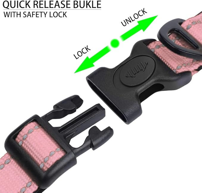JSXD AirTag Dog Collar, Night Reflective Nylon Dog Collar for Small Medium Large Dogs,Lockable Quick Release Buckle,Padded Breathable Pet Collar with AirTag Holder (Pink, Large)