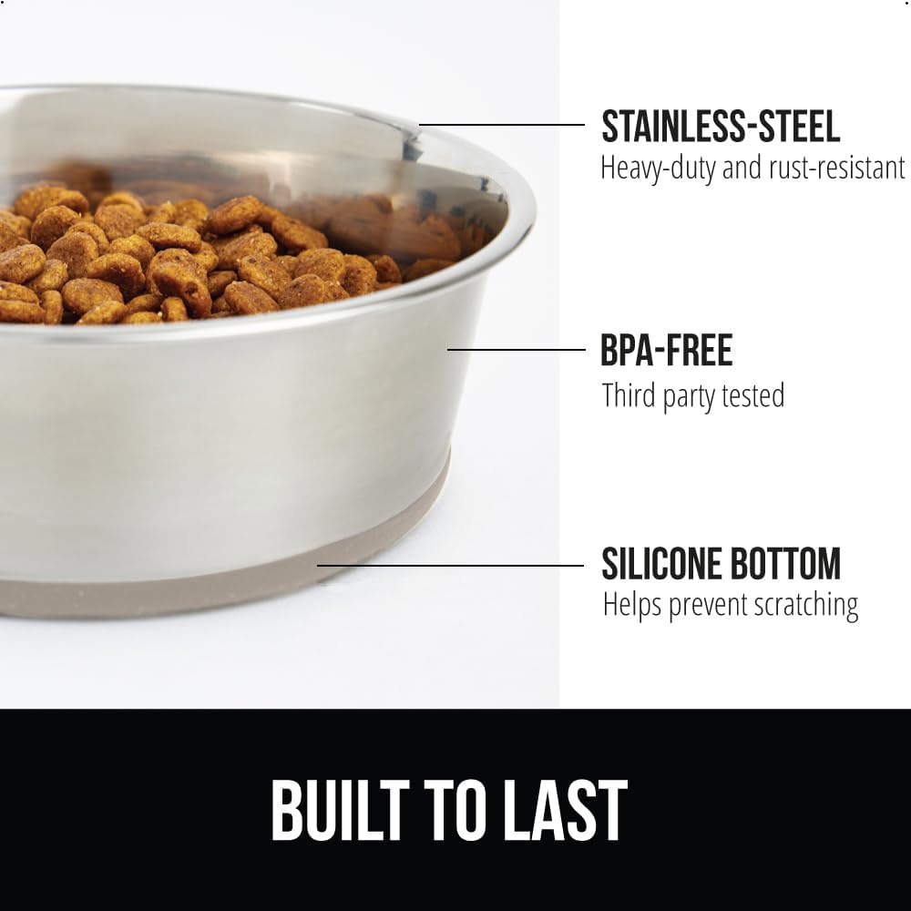 GORILLA GRIP Set of 2 Dog Bowls, Holds 4 Cups (32 fl oz), Heavy Duty Metal Food and Water Bowl for Feeding Dogs and Cats, Dishwasher Safe, Rust Resistant Stainless Steel, BPA Free Rubber Base, Beige