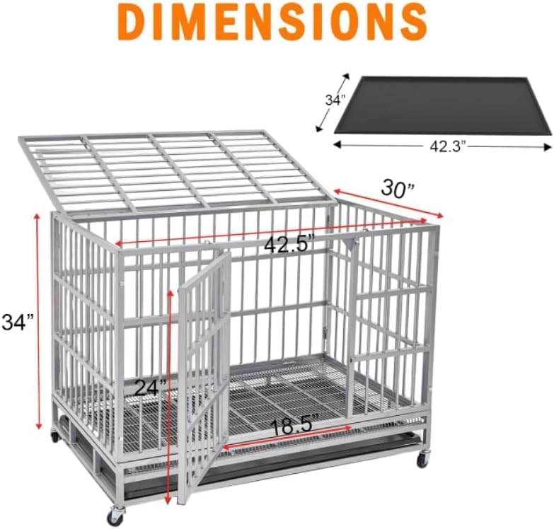 54/48/42/38 Inch Heavy Duty Dog Crate Cage with Wheels, Indestructible and Escape Proof Steel Kennel Indoor for High Anxiety Dogs with Sturdy Locks, Double Door and Tray, Extra Large XL XXL