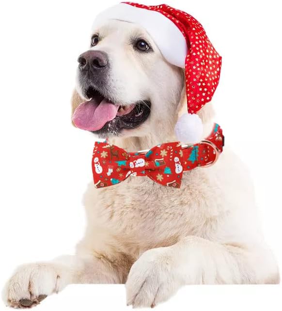 Lionet Paws Christmas Dog Collar with Bowtie, Dog Bowtie Collar with Metal Buckle for Dogs and Cats, Adjustable Comfortable Dog Collar Girl Boy Gift，XXS, Neck 7-11 in
