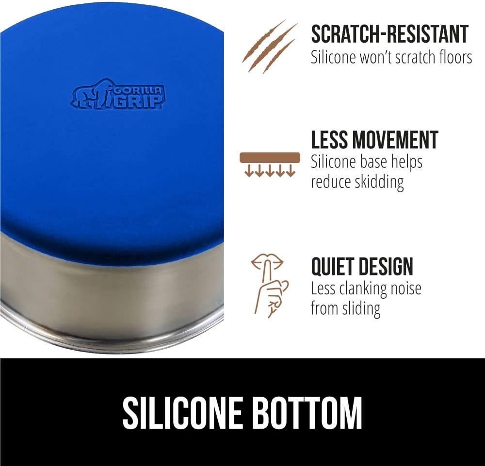 GORILLA GRIP Set of 2 Dog Bowls, Holds 8 Cups (64 fl oz), Heavy Duty Metal Food and Water Bowl for Feeding Dogs and Cats, Dishwasher Safe, Rust Resistant Stainless Steel, BPA Free Rubber Base, Blue