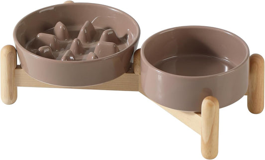 Ceramic Raised Slow Feeder Dog Bowl Set, Elevated 5.1inch Bowl and 6.1inch Slow Pet Food Dish with Wooden Stand for Small Dog and Cat (2 x Brown Coffee+ Stand)