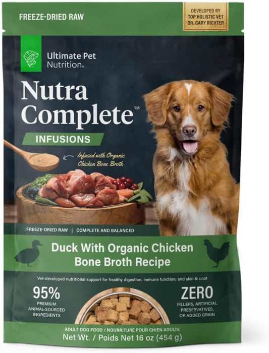 ULTIMATE PET NUTRITION Nutra Complete Bone Broth Infusions, 100% Freeze Dried Raw Veterinarian Formulated Dog Food with Antioxidants Prebiotics and Amino Acids (1 Pound, Bone Broth Duck)