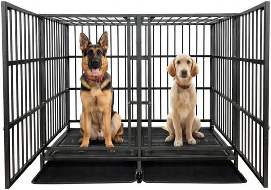 54 Heavy Duty Dog Crate Cage with Divider, Indestructible and Escape Proof Steel Kennel Indoor for High Anxiety Dogs with Removable Tray, Lockable Wheels, Double Door, Extra Large XL XXL