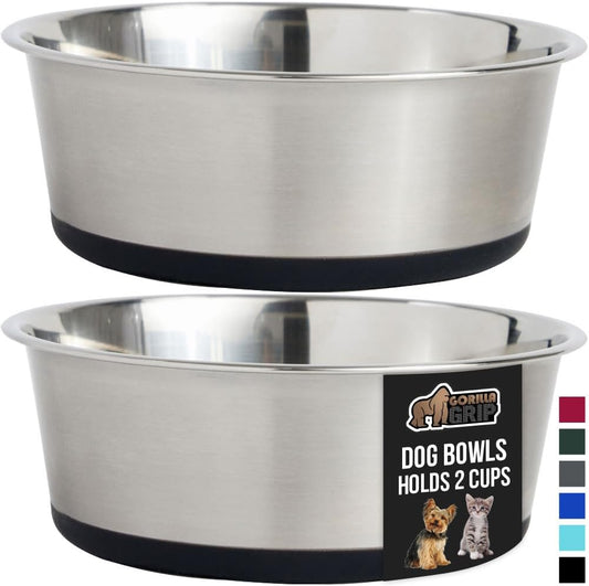 GORILLA GRIP Set of 2 Dog Bowls, Heavy Duty Metal Food and Water Bowl for Feeding Dogs and Cats, Dishwasher Safe, Rust Resistant Stainless Steel, BPA Free Rubber Base, Holds 2 Cups (16 fl oz), Black