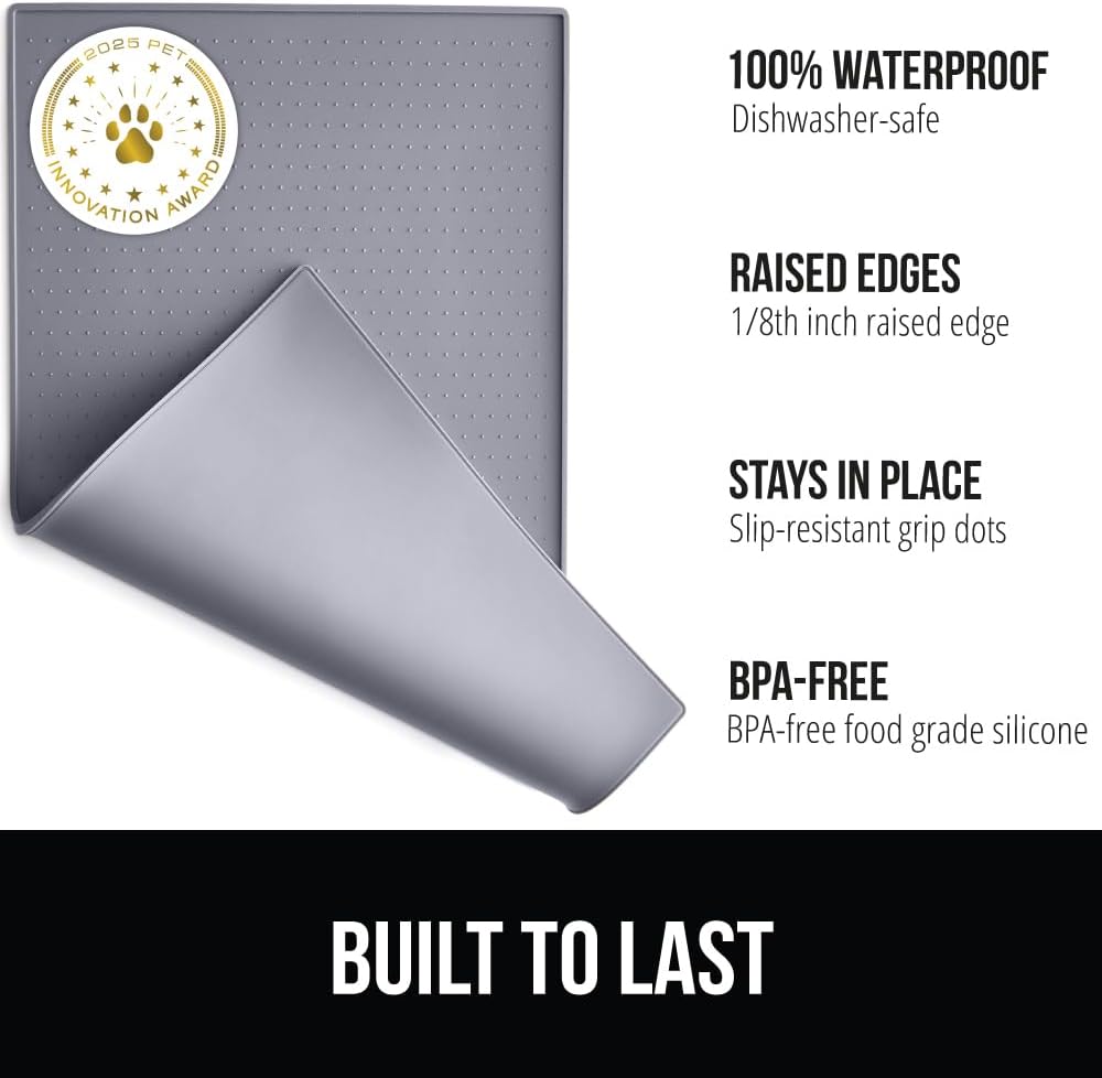 GORILLA GRIP 100% Waterproof Raised Edge BPA Free Silicone Pet Feeding Mat, Dog Cat Food Mats Contain Spills Protects Floors, Placemats for Cats and Dogs Water Bowl, Pets Accessories 28x18 Gray
