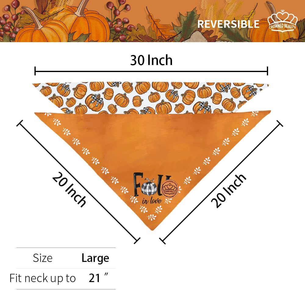 CROWNED BEAUTY Fall Dog Bandanas Reversible Large 2 Pack, Fall Pumpkin Set, Orange Adjustable Triangle Holiday Scarves for Medium Large Extra Large Dogs Boy Girl Pets DB187-L