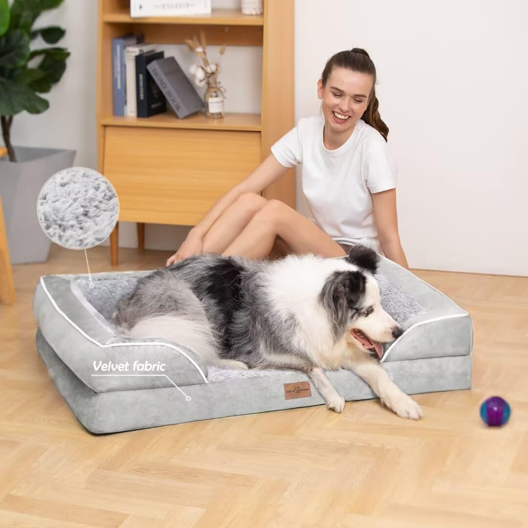 Comfort Expression Orthopedic Memory Foam Dog Bed, Waterproof Dogs Beds Large Sized, Washable Cooling Dogs Beds with Removable Cover, Pet Sofa with Bolster(Large,Light Grey)
