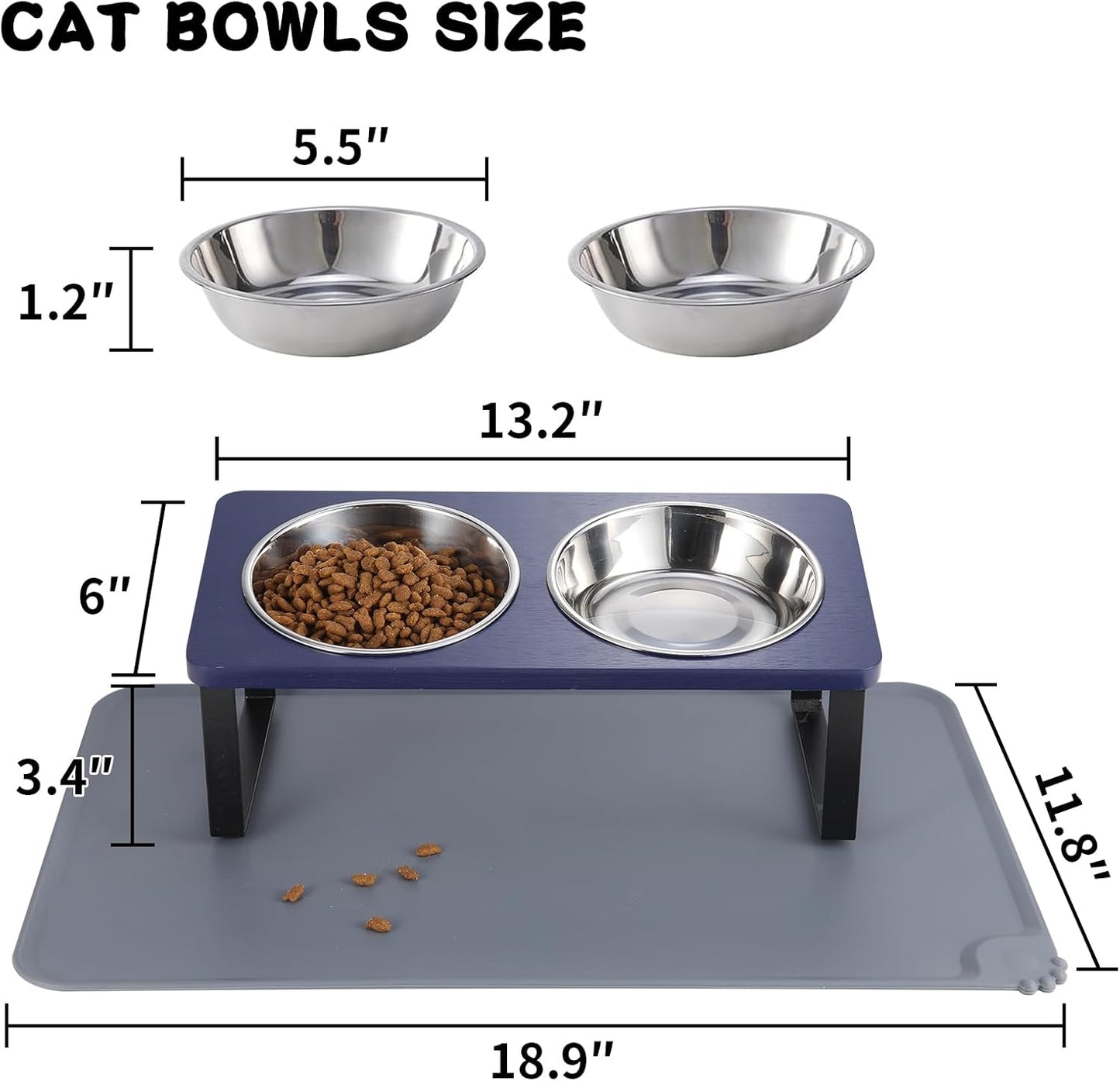 Upgraded Elevated Cat Bowls with Food Mat,15°Tilted Stand Anti Vomiting Raised Cat Dishes for Food and Water,2 Stainless Steel Bowls for Cats and Puppies（Navy Blue）