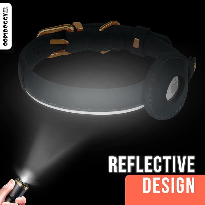 OOPSDOGGY Rolled Leather Dog Collar with Airtag Holder - Reflective Round Airtag Dog Collar - Soft Tracking Pet Collar for Small Dogs Puppy Cats Kitten (Brown, M, 12"-15")