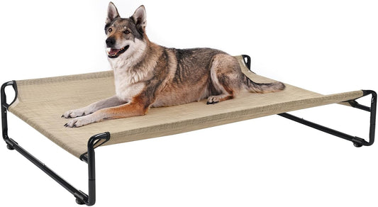 Veehoo Original Outdoor Elevated Dog Bed, Cooling Raised Dog Cot for Large Dogs, Portable Standing Pet Hammock Platform with Washable Breathable Mesh, No-Slip Feet, X-Large, Beige Coffee, CWC2201