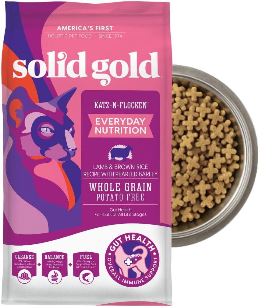 Solid Gold Dry Cat Food for Indoor Cats of All Ages - W/Lamb, Brown Rice, Barley, Probiotics & Fiber for Gut Health- Holistic & Healthy Cat Kibble for Kittens & Adults - Dry Kibble for Cats - 4 LB