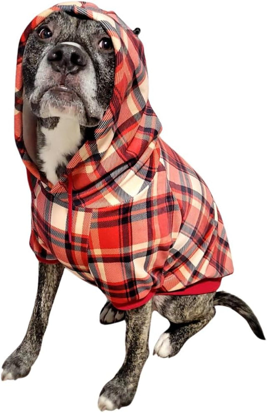 Spark Paws Dog Hoodie – Premium Dog Sweater for Small, Medium, and Large Dogs | Warm Outfits for French Bulldogs, Pitbull, Puppy, Winter Jacket Alternative - Red Plaid, 3XL
