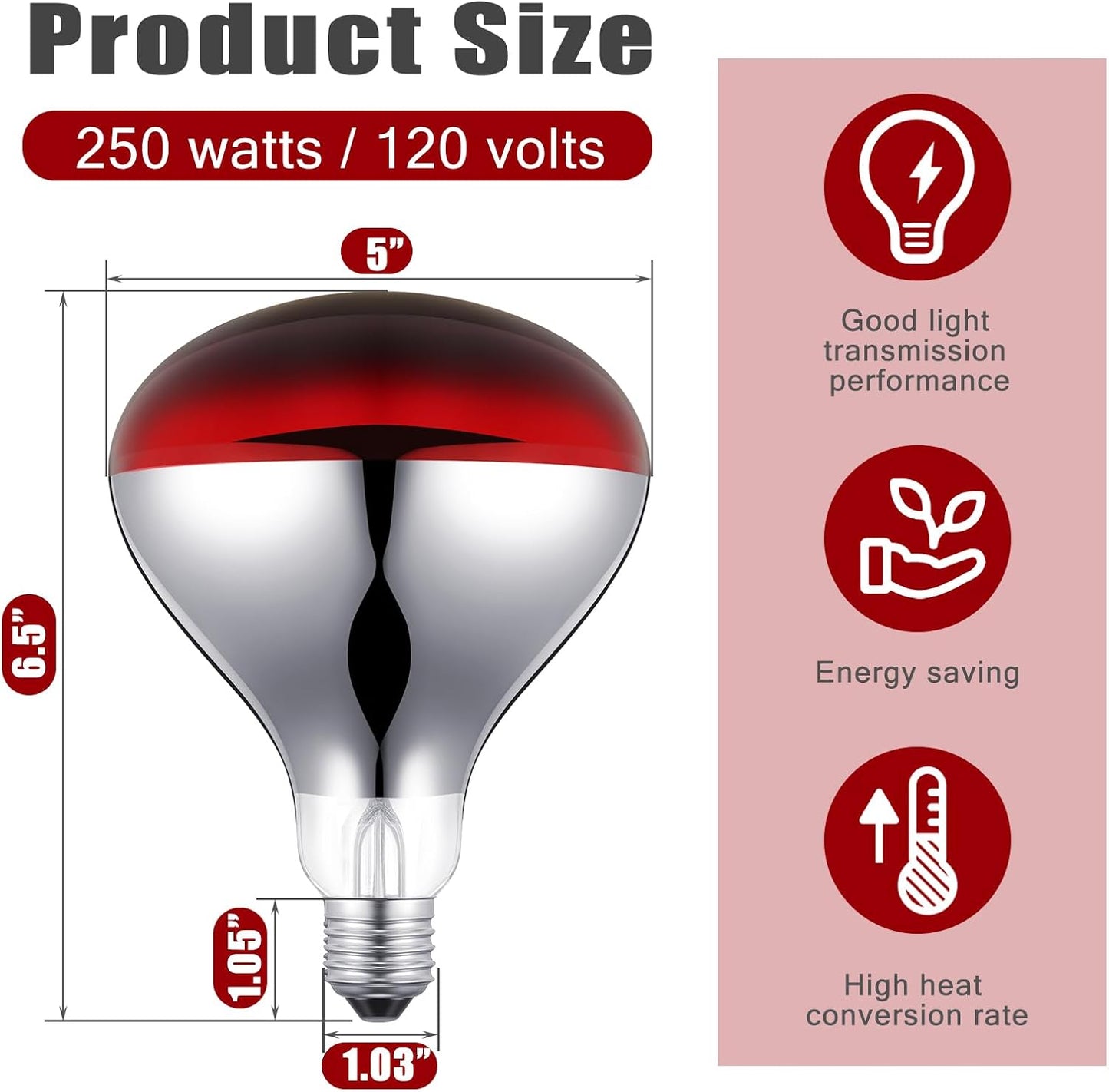 VIHOSE 3 Pack 250 Watt Heat Lamp 120v R40 Heat Lamp Bulbs Glass Incandescent Light Bulbs Incandescent Heating Lightbulbs for Reptiles Chicks Food Puppies Bathroom, Use E26 Base (Red)
