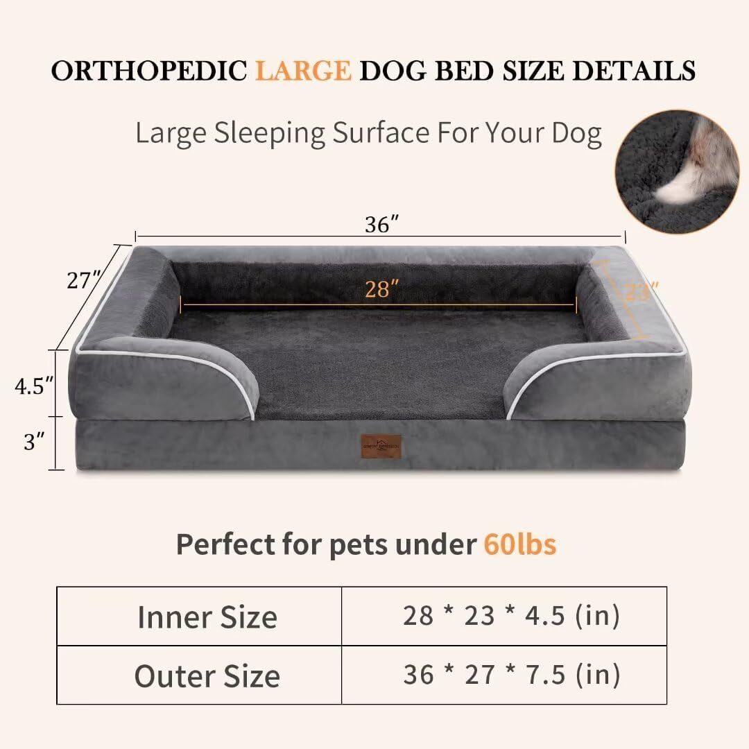 Comfort Expression Cooling Dog Bed for Large Dogs, Memory Foam Orthopedic Dogs Beds, Waterproof Washable Dog Beds with Removable Cover, Pet Bed Sofa with Bolster(Large,Leaden Grey)