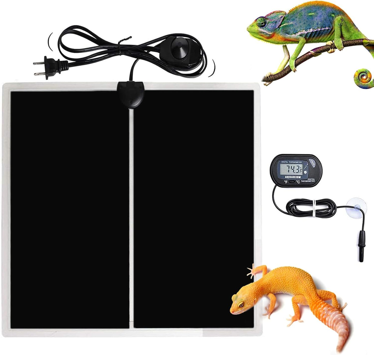 MQ Reptile Terrarium Heat Pad with LCD Digital Aquarium Thermometer, 11 x 11in Power Adjustment Under Tank Heater Mat for Pets, Small Animals, Seedling, 14W