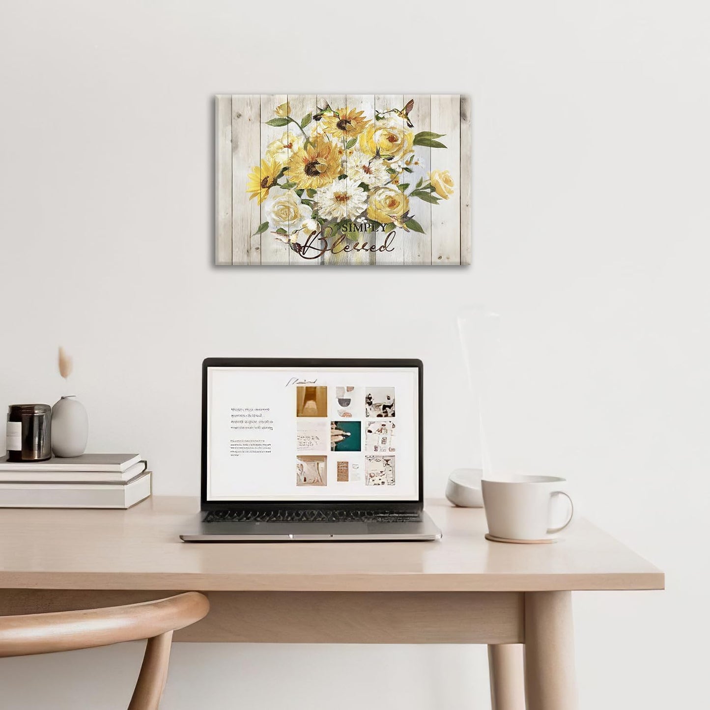 Sunflower Bathroom Pictures Wall Art, Simple Blessed Floral Bathroom Wall Decor, Flower Framed Painting Canvas Artwork for Bedroom Living Room Decorations 24"L x 16"W